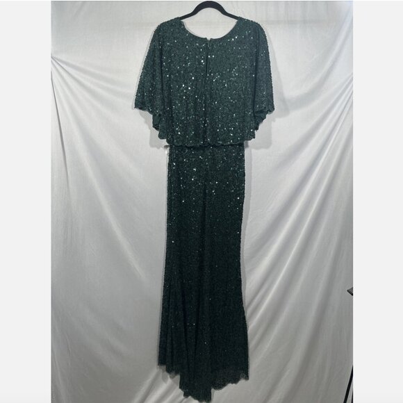 NWT $698 Mac Duggal [ 4 ] Sequined V Neck Cape Sleeve‎ Beaded Gown Green #Q745 - Picture 13 of 16